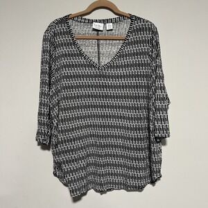 Nicole Miller Womens Plus Sz 2X Black White 3/4 Sleeve Tunic Too Geometric Print